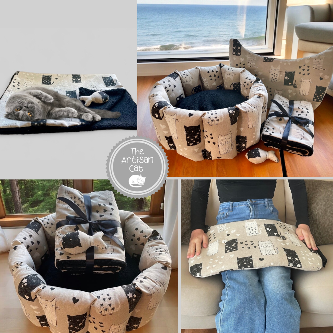 Pocket sided washable cat/kitten bed with removable cushion, cat print fabric